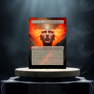 May include: A Magic: The Gathering card with a red, orange, and yellow background. The card is titled "Akroma's Will" and has a cost of 3 colorless mana. The card text reads: "Choose one, If you control a commander as you cast this spell, you may choose both. Creatures you control gain flying, vigilance, and double strike until end of turn. Creatures you control gain lifelink, indestructible, and protection from all colors until end of turn."