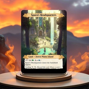 Könnte beinhalten: Eine Fantasy-Sammelkarte, die eine grüne und blaue Landschaft mit einem Gebäude im Hintergrund zeigt. Die Karte trägt den Titel "Spara's Headquarters" und den Text "Land - Forest Plains Island" und "Add , or . Spara's Headquarters enters the battlefield tapped. Cycling 3 (3, Discard this card: Draw a card.)"