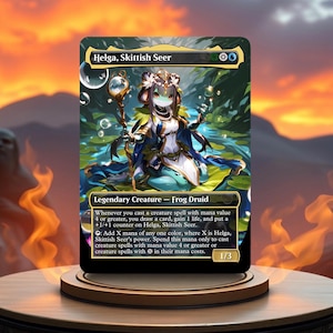 May include: Helga, Skittish Seer, a green and blue Magic: The Gathering card featuring a frog-like creature with a crown and a staff. The card text reads: "Whenever you cast a creature spell with mana value 4 or greater, you draw a card, gain 1 life, and put a +1/+1 counter on Helga, Skittish Seer. Add X mana of any one colour, where X is Helga, Skittish Seer's power. Spend this mana only to cast creature spells with mana value 4 or greater or creature spells with in their mana costs."