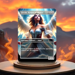 May include: A white angel with golden wings and a white dress with red accents. The card reads "Linvala, Keeper of Silence" and has a mana cost of 2 white mana, 1 white mana. The card text reads "Legendary Creature - Angel, Flying, Activated abilities of creatures your opponents control can't be activated." The card has a power of 3 and a toughness of 4.