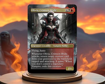 May include: A Magic: The Gathering card featuring Olivia, Crimson Bride, a legendary vampire creature with red and black clothing, a crown, and a sword. The card text reads "Flying, haste. Whenever Olivia, Crimson Bride attacks, return target creature card from your graveyard to the battlefield tapped and attacking. It gains "When you don't control a legendary Vampire, exile this creature.""