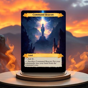 May include: A Magic: The Gathering card called "Command Beacon". It is a land card with a blue and white background. The card shows a tall tower with a beam of light shooting out of the top. The text on the card reads: "Add . Sacrifice Command Beacon: Put your commander into your hand from the command zone."