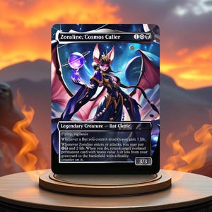 May include: A fantasy trading card featuring a female character with bat wings and a purple orb. The card is titled "Zoraline, Cosmos Caller" and has a 3/3 power and toughness rating. The card text describes the character's abilities, including flying, vigilance, and the ability to return a nonland permanent card from the graveyard to the battlefield.