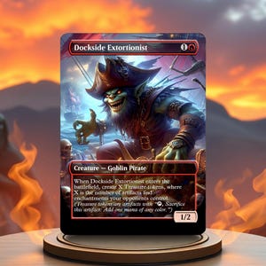 May include: A fantasy trading card featuring a green goblin pirate with a red hat and a black eye patch. The card is titled "Dockside Extortionist" and has a mana cost of 1 red and 1 black. The card text reads: "When Dockside Extortionist enters the battlefield, create X Treasure tokens, where X is the number of artifacts and enchantments your opponents control. (Treasure tokens are artifacts with ", Sacrifice this artifact: Add one mana of any colour.") 1/2"