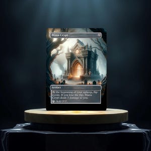Puede incluir: Una carta de Magic: The Gathering que representa una cripta gótica oscura con una entrada brillante. El texto de la carta dice "Mana Crypt" y "Artefacto". El texto de la carta también dice "Al comienzo de tu mantenimiento, lanza una moneda. Si pierdes el lanzamiento, Mana Crypt te inflige 3 daños. Añade ∞."