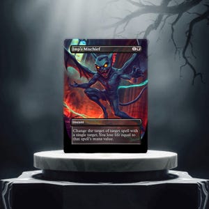 May include: A Magic: The Gathering card featuring a blue imp with red eyes and wings. The card is titled "Imp's Mischief" and has a mana cost of 1 blue. The card text reads: "Instant. Change the target of target spell with a single target. You lose life equal to that spell's mana value."