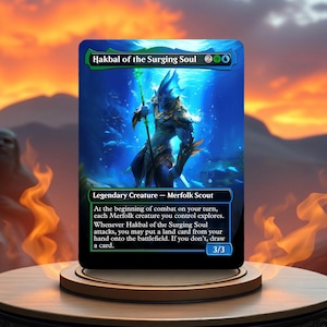 May include: A blue and green fantasy creature card with the text "Hakbal of the Surging Soul" and "Legendary Creature - Merfolk Scout". The card has a blue and green mana cost and a power and toughness of 3/3.