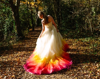 PHOENIX Dip dye Ombre Wedding Dress silk and tulle with lace detail Autumn Fire colours Ivory Red Orange Yellow UK Made to order custom size