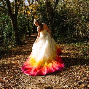 PHOENIX Dip dye Ombre Wedding Dress silk and tulle with lace detail Autumn Fire colours Ivory Red Orange Yellow UK Made to order custom size image 1