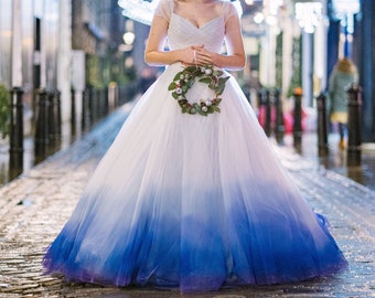 DIPDYE ombre tulle overskirt in custom colours to fit over your wedding dress Blue Pink Purple Red Phoenix Rainbow. Skirt made to order.