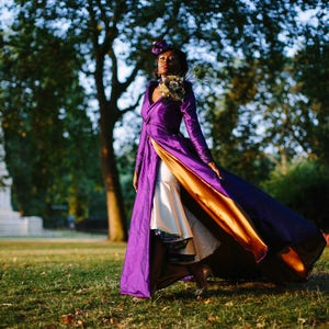 PORTRAIT COLLAR cadbury purple silk and black lace wedding dress coat. Train, 1950's, beading, gold lining. Bespoke to order image 2