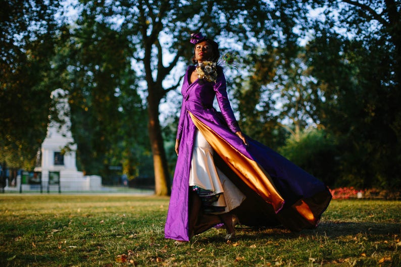 PORTRAIT COLLAR cadbury purple silk and black lace wedding dress coat. Train, 1950's, beading, gold lining. Bespoke to order image 2