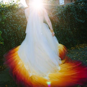 PHOENIX Dip dye Ombre Wedding Dress silk and tulle with lace detail Autumn Fire colours Ivory Red Orange Yellow UK Made to order custom size image 9