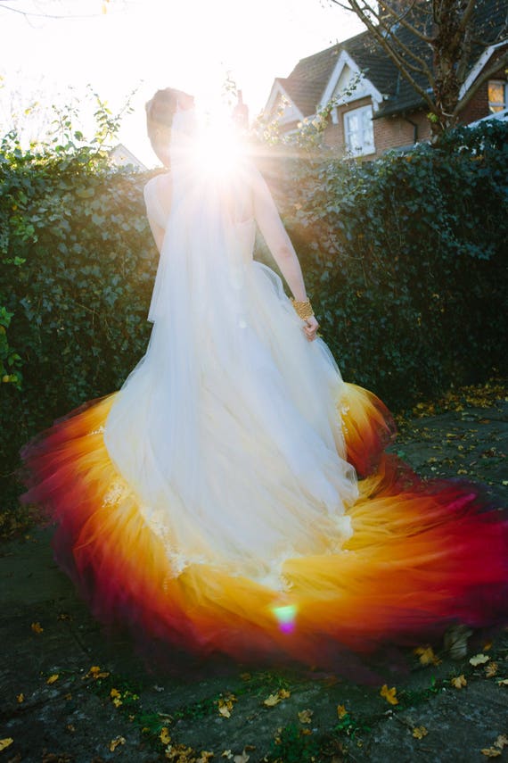 Phoenix Dip Dye Ombre Wedding Dress Silk And Tulle With Lace Detail Autumn Fire Colours Ivory Red Orange Yellow Uk Made To Order Custom Size