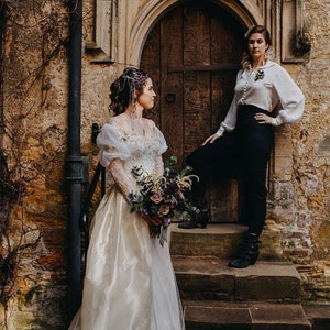 LABYRINTH Fantasy Wedding Dress Ballgown with removable sleeves and train. Ivory and silver beaded lace. Illusion back bespoke to fit image 7