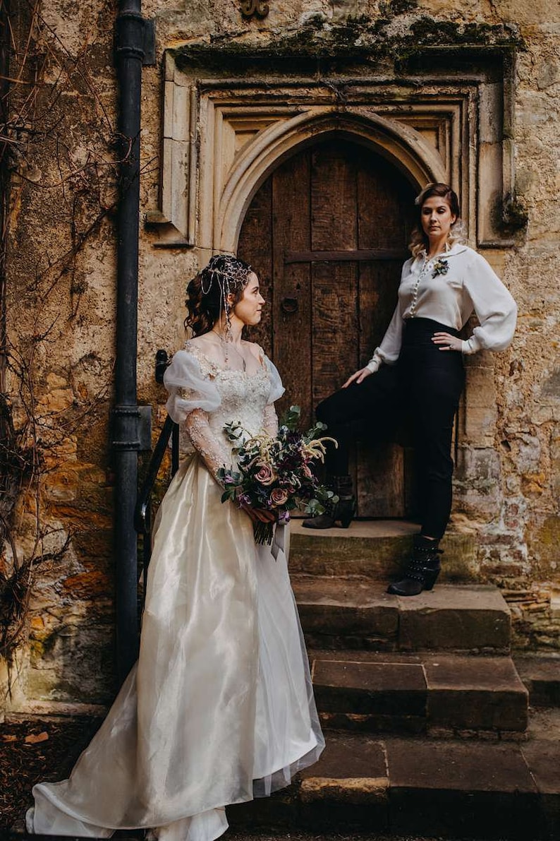 LABYRINTH Fantasy Wedding Dress Ballgown with removable sleeves and train. Ivory and silver beaded lace. Illusion back bespoke to fit image 7