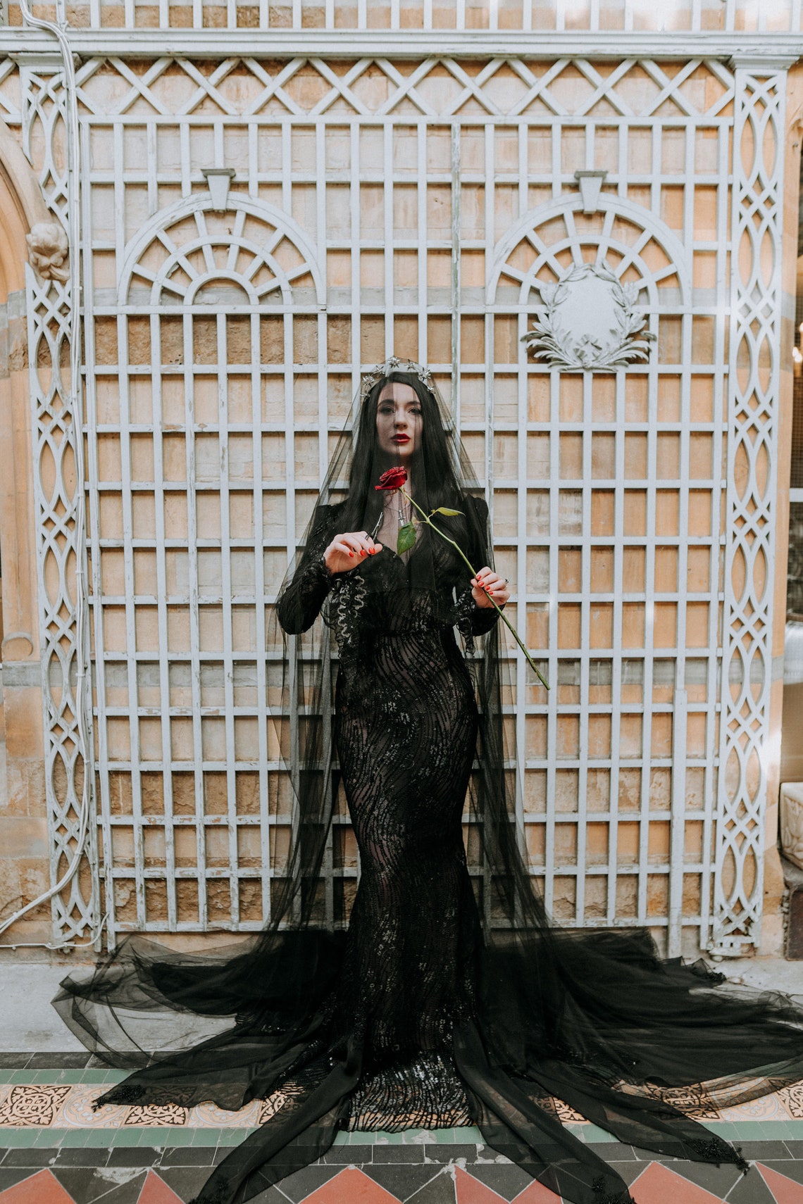 MORTICIA'S WEDDING DRESS gothic halloween beaded black image 4