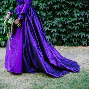 PORTRAIT COLLAR cadbury purple silk and black lace wedding dress coat. Train, 1950's, beading, gold lining. Bespoke to order image 5