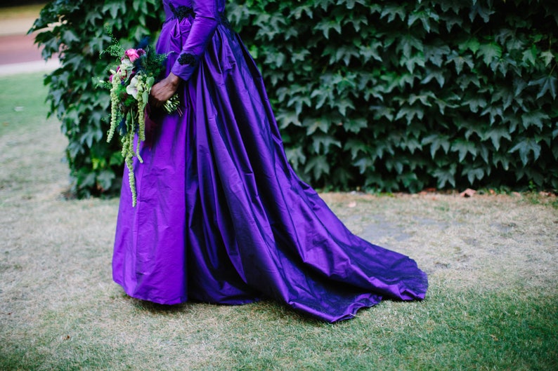 PORTRAIT COLLAR cadbury purple silk and black lace wedding dress coat. Train, 1950's, beading, gold lining. Bespoke to order image 5