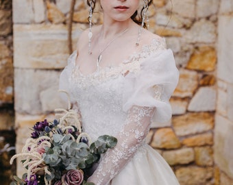 LONG SLEEVE wedding dress. Romantic, ethereal, Silk organza and beaded lace Ivory with silver, Waterfall train illusion back, bespoke to fit