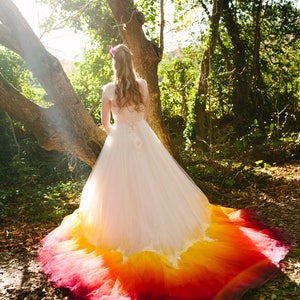 PHOENIX Dip dye Ombre Wedding Dress silk and tulle with lace detail Autumn Fire colours Ivory Red Orange Yellow UK Made to order custom size image 5