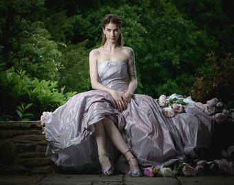 WISTERIA Lilac pink purple shot taffeta, silver lace wedding dress UK size 8/10  with bolero. Train, ruched, buttons and loops Ready to Ship