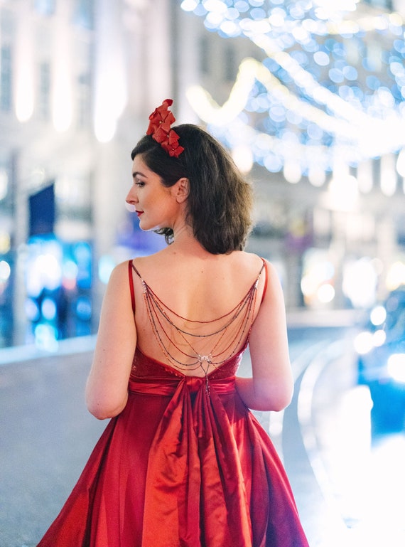 Red Silk Sequin Backless Dress, Custom Made Evening Gown