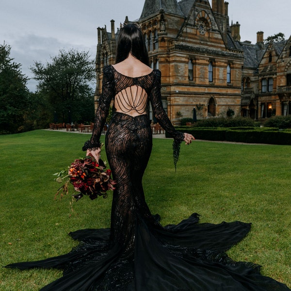 GOTHIC HALLOWEEN wedding dress, beaded black fishtail, backless, necklace back, long sleeve, train, sheer.Size 8. Ready to ship