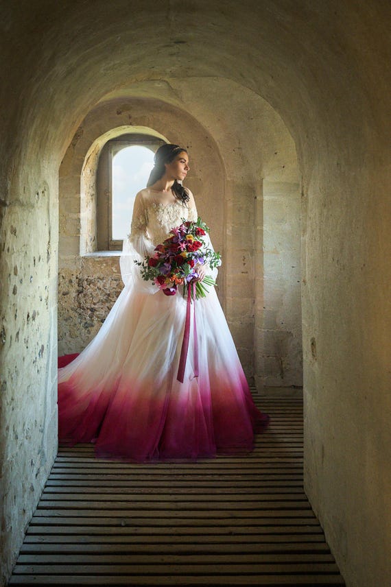 pink dip dye wedding dress Pink Dip Dye Hem Wedding Dress- Size 16 Wedding Dress- Alternative Wedding  Dress- Floral Wedding Dress- Ombre Hem - Ombre Wedding Dress
