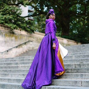 PORTRAIT COLLAR cadbury purple silk and black lace wedding dress coat. Train, 1950's, beading, gold lining. Bespoke to order image 10