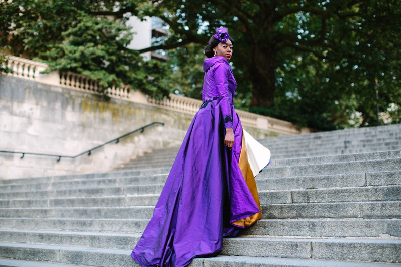 PORTRAIT COLLAR cadbury purple silk and black lace wedding dress coat. Train, 1950's, beading, gold lining. Bespoke to order image 10