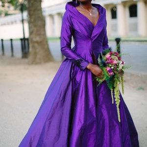 PORTRAIT COLLAR cadbury purple silk and black lace wedding dress coat. Train, 1950's, beading, gold lining. Bespoke to order image 9