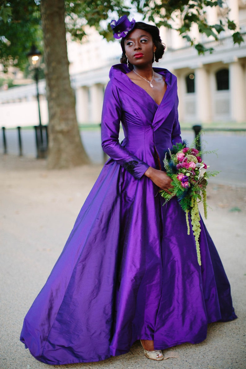 PORTRAIT COLLAR cadbury purple silk and black lace wedding dress coat. Train, 1950's, beading, gold lining. Bespoke to order image 9