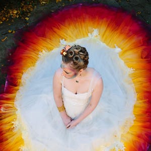 PHOENIX Dip dye Ombre Wedding Dress silk and tulle with lace detail Autumn Fire colours Ivory Red Orange Yellow UK Made to order custom size image 8