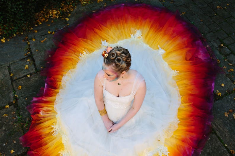 PHOENIX Dip dye Ombre Wedding Dress silk and tulle with lace detail Autumn Fire colours Ivory Red Orange Yellow UK Made to order custom size image 8