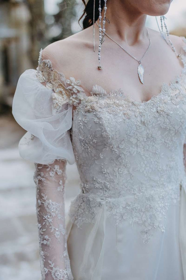 LABYRINTH Fantasy Wedding Dress Ballgown with removable sleeves and train. Ivory and silver beaded lace. Illusion back bespoke to fit image 3