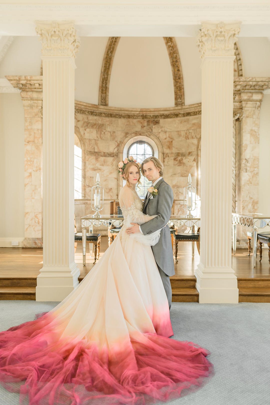 blush pink ombre wedding dress Blush Pink Ombre Wedding Dress, Beaded Lace Ballgown, UK Size 8