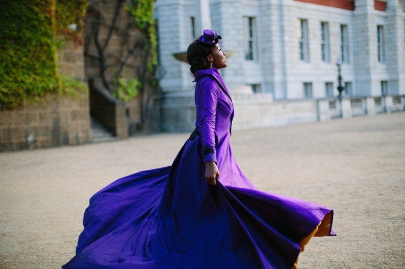 PORTRAIT COLLAR cadbury purple silk and black lace wedding dress coat. Train, 1950's, beading, gold lining. Bespoke to order image 7