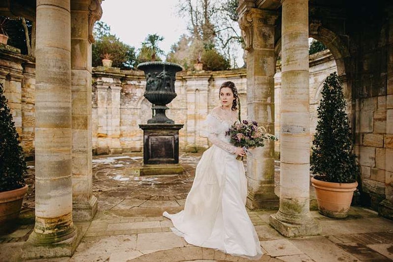 LABYRINTH Fantasy Wedding Dress Ballgown with removable sleeves and train. Ivory and silver beaded lace. Illusion back bespoke to fit image 4