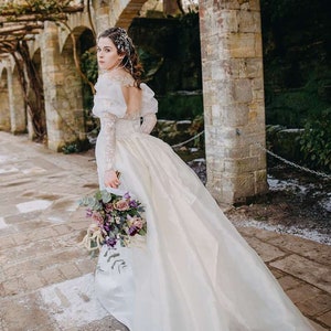 LABYRINTH Fantasy Wedding Dress Ballgown with removable sleeves and train. Ivory and silver beaded lace. Illusion back bespoke to fit image 1