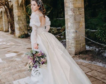 LABYRINTH Fantasy Wedding Dress Ballgown with removable sleeves and train. Ivory and silver beaded lace. Illusion back bespoke to fit