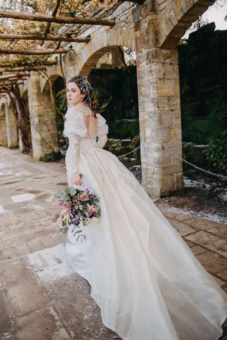 LABYRINTH Fantasy Wedding Dress Ballgown with removable sleeves and train. Ivory and silver beaded lace. Illusion back bespoke to fit image 1