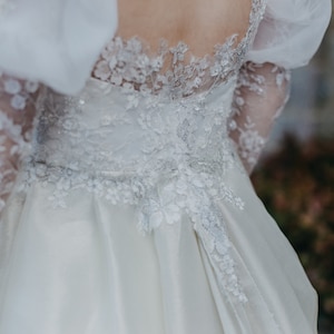 LABYRINTH Fantasy Wedding Dress Ballgown with removable sleeves and train. Ivory and silver beaded lace. Illusion back bespoke to fit image 6