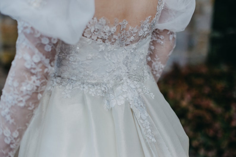 LABYRINTH Fantasy Wedding Dress Ballgown with removable sleeves and train. Ivory and silver beaded lace. Illusion back bespoke to fit image 6