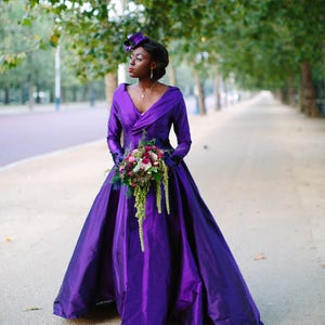 PORTRAIT COLLAR cadbury purple silk and black lace wedding dress coat. Train, 1950's, beading, gold lining. Bespoke to order image 1