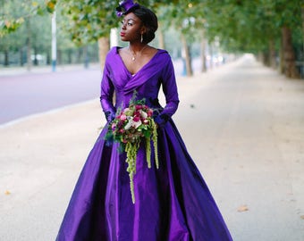 PORTRAIT COLLAR cadbury purple silk and black lace wedding dress coat. Train, 1950's, beading, gold lining. Bespoke to order