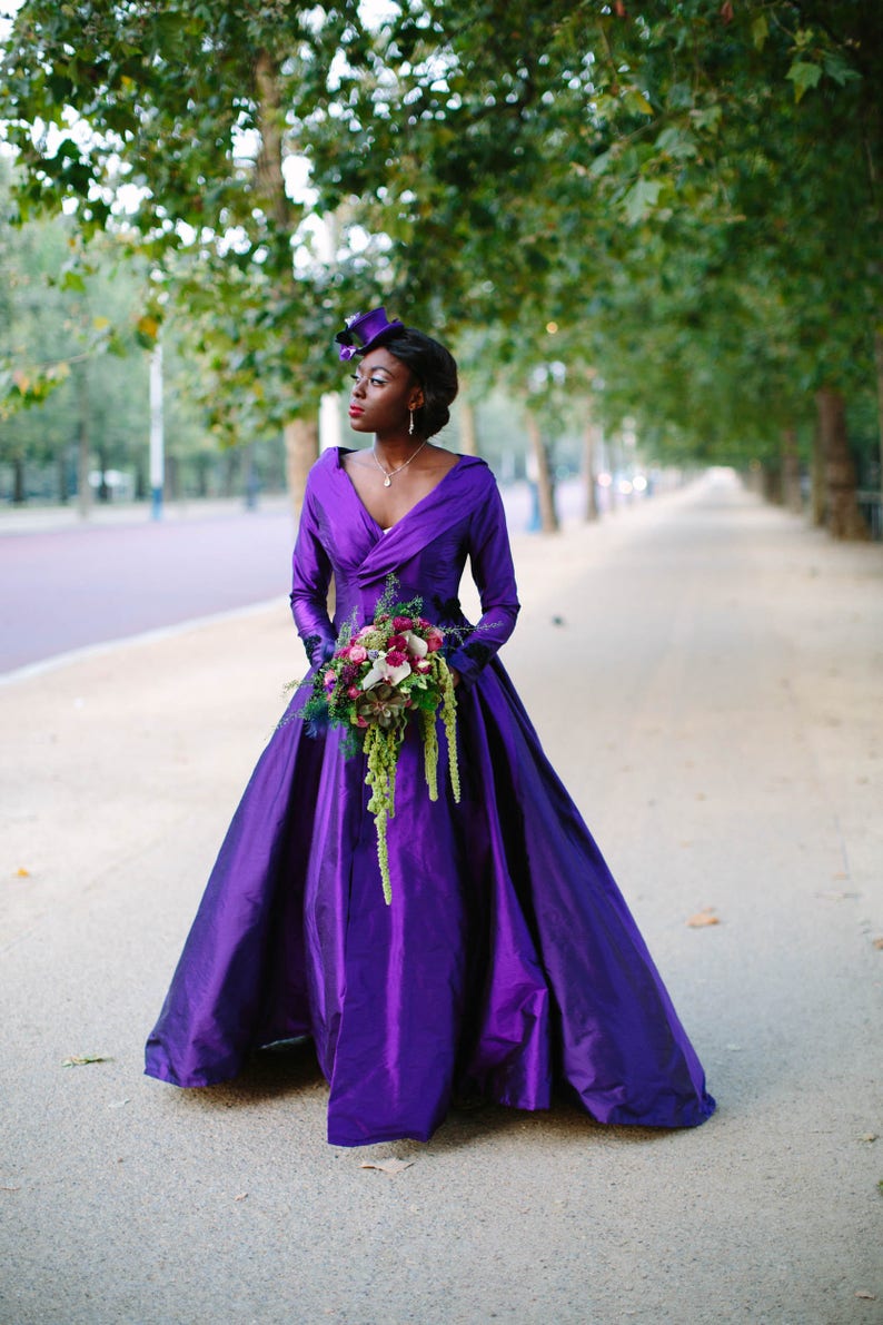 PORTRAIT COLLAR cadbury purple silk and black lace wedding dress coat. Train, 1950's, beading, gold lining. Bespoke to order image 1