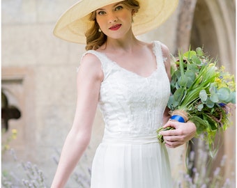 DOWNTON ABBEY wedding dress Edwardian style UK size 8 ivory silk chiffon corded lace, detachable sleeves, tiered skirt modest. Ready to Ship