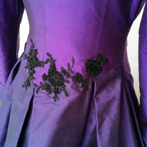 PORTRAIT COLLAR cadbury purple silk and black lace wedding dress coat. Train, 1950's, beading, gold lining. Bespoke to order image 8
