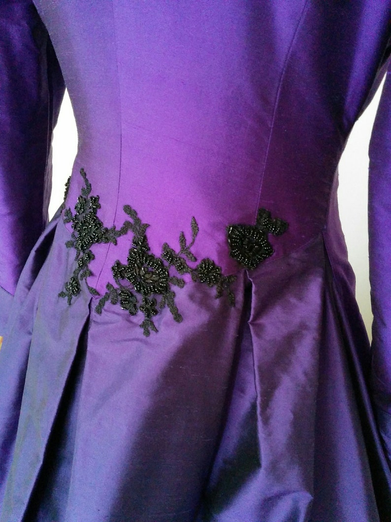 PORTRAIT COLLAR cadbury purple silk and black lace wedding dress coat. Train, 1950's, beading, gold lining. Bespoke to order image 8